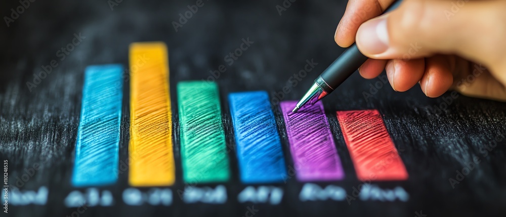Poster closeup of a hand drawing a multicolored bar graph on a chalkboard, holding a pen, symbolizing data 
