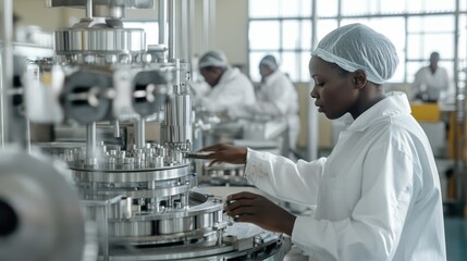 A woman worker in protective gear inspects equipment in a pharmaceutical plant, ensuring quality assurance