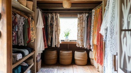 Rustic Boho Clothing Display in a Wooden Wardrobe