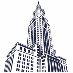 A tall building featuring a prominent clock tower, illustrated with intricate details and a clear sky backdrop.