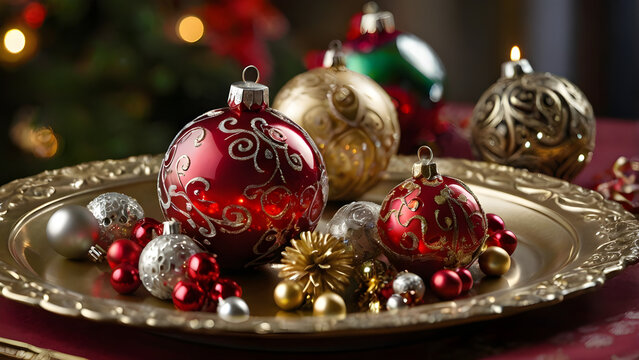 Red And Golden Christmas Ball Decoration On Golden Plate