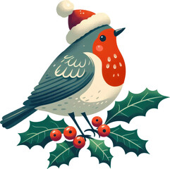 christmas bird with holly leaves isolated on white background