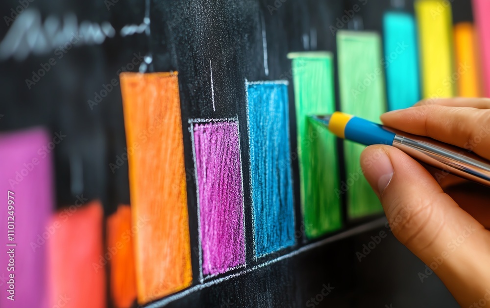Leinwandbilder hand drawing a colorful bar graph on a chalkboard, with a pen in hand, representing data analysis an
