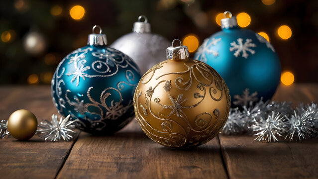 Christmas Ball Decoration On Wooden Table