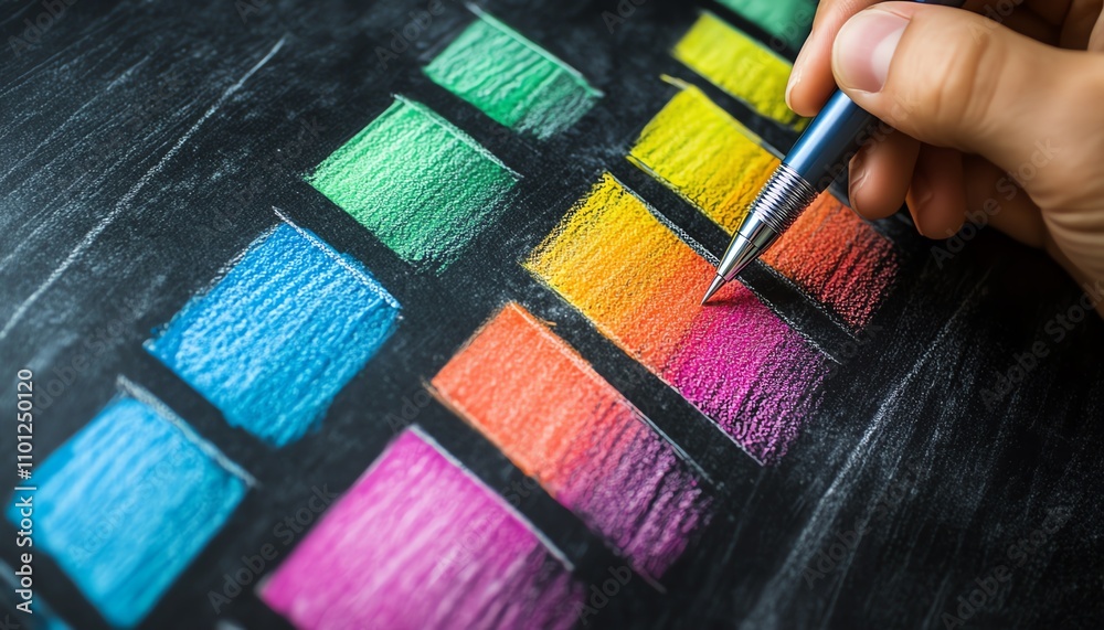 Poster Hand drawing a colorful bar graph on a chalkboard, with a pen in hand, representing data analysis and creative thinking