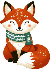 smile Winter fox with green scarf isolated on white background