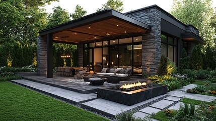 modern covered patio with fire pit seating area dining area and landscaping in design and rende