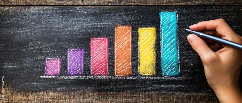 Poster hand with a pen drawing a vibrant bar graph on a chalkboard, symbolizing the growth and analysis of 