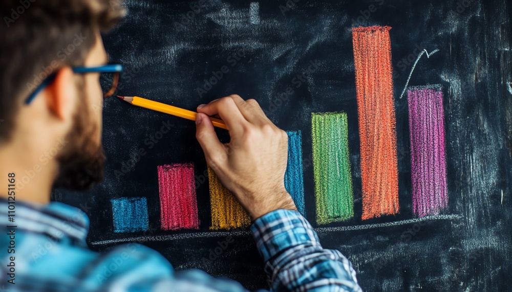 Leinwandbilder Man drawing a colorful bar graph with chalk on a rustic chalkboard, symbolizing analysis, strategy, and creative business solutions