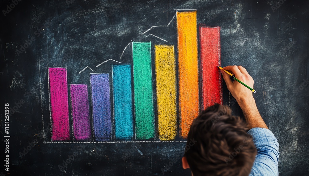 Aufkleber man drawing a colorful bar graph with chalk on a rustic chalkboard, symbolizing analysis, strategy, 