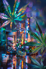 Fototapeta premium Vibrant cannabis leaves with various CBD products. Medical research, recreational use, Pharmaceutical applications of cannabinoids, CBD, THC, pharmacy, modern health concept. 