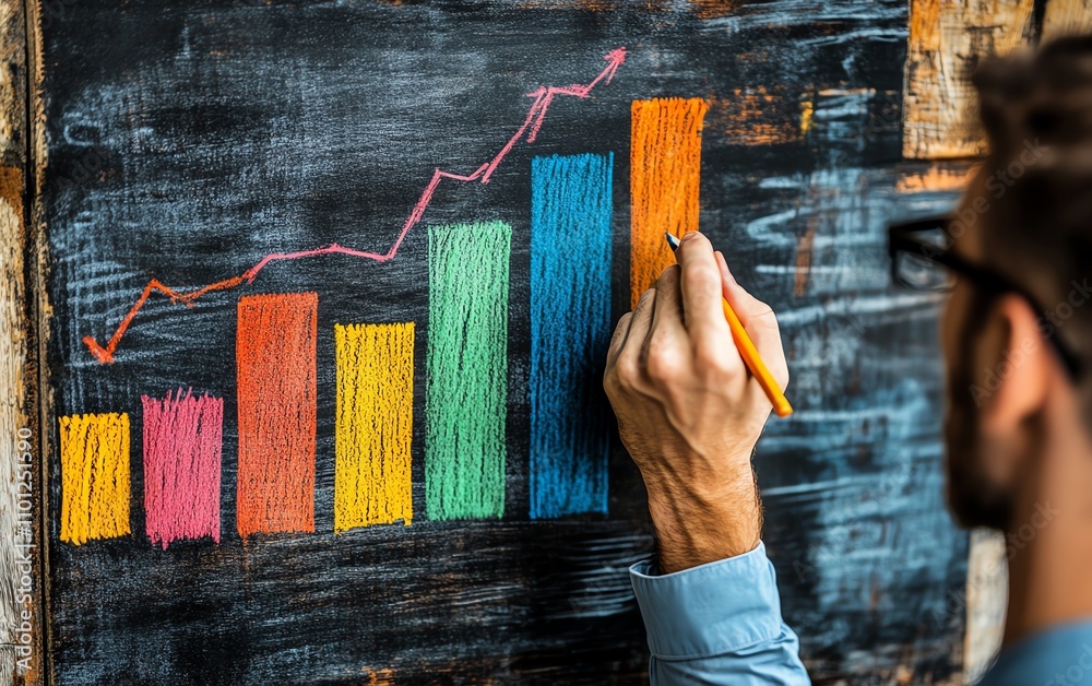 Fototapete Man drawing a graph on a chalkboard with colorful bars in a rustic setting, symbolizing business analysis and creativity