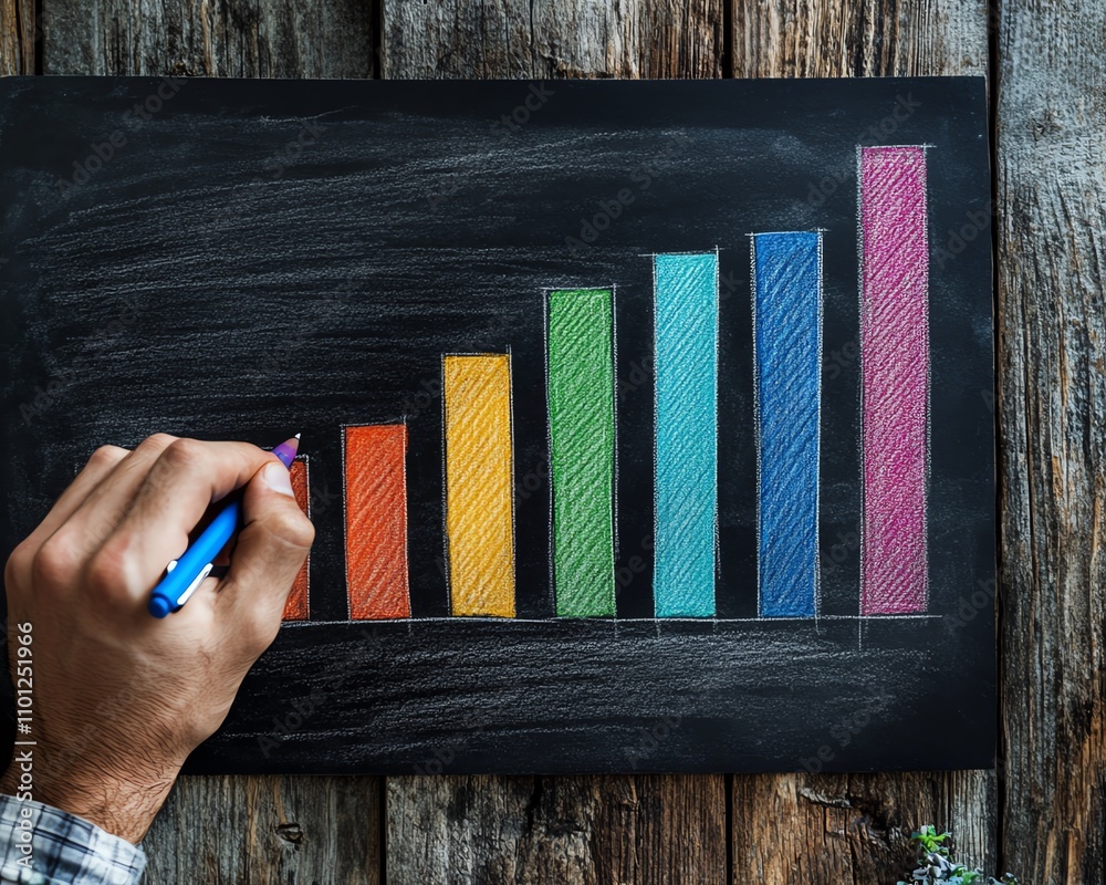 Fototapete Man sketching a vibrant bar graph on a chalkboard with colorful bars in a rustic setting, symbolizing progress and business planning