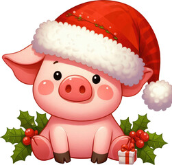 christmas piglet with santa hat isolated on white background