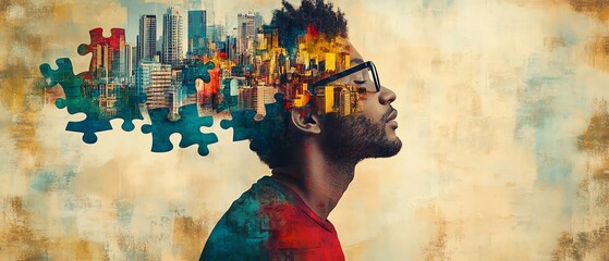 Fototapeta premium Profile of a man with puzzle pieces and an evolving cityscape emerging from his head, symbolizing creativity, progress, and urban transformation