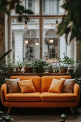 Cozy Living Room with Vibrant Orange Sofa and Potted Plants