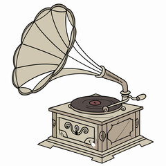 An antique gramophone featuring a large, ornate horn, evoking a sense of nostalgia and vintage charm.