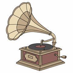 An antique gramophone featuring a large, ornate horn, evoking a sense of nostalgia and vintage charm.