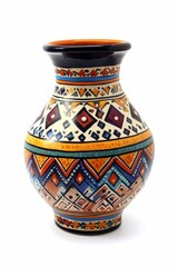 Ornate, colorful, ceramic vase; ethnic design.