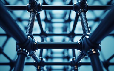 Fototapeta premium The image features a close-up view of a geometric structure made of interconnected pipes, showcasing a blue-toned, modern design.