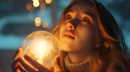 Naklejka premium Warm Light, Girl Holding Illuminated Orb, Dreamy Illustration
