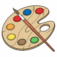 An illustration featuring a paint palette with vibrant colors and a brush resting beside it.