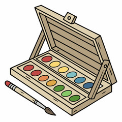 An illustration featuring a paint palette with vibrant colors and a brush resting beside it.