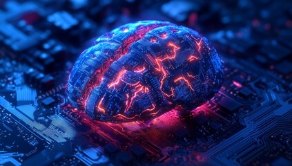 brain made of circuit boards glowing with light, set against the backdrop of advanced computer chip, symbolizing artificial intelligence
