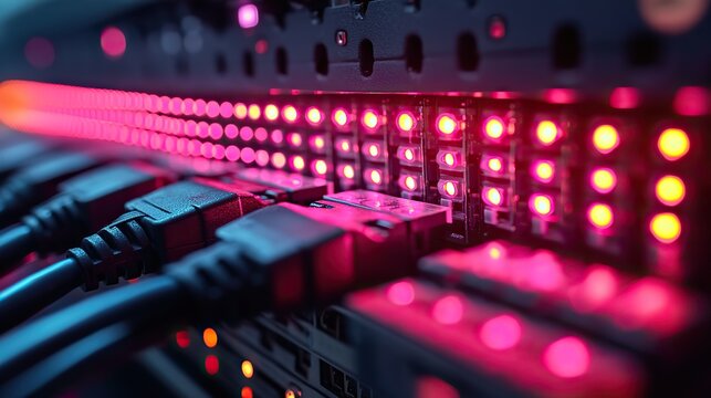 network switch and ethernet cable in rack cabinet network connection technology and has a status led to show working status concept of infrastructure with cables connected to data cente