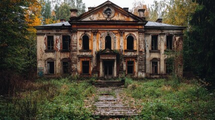 Obraz premium A dilapidated old mansion surrounded by dense vegetation, illustrating decay, nostalgia, and forgotten history, with autumn leaves scattered about.
