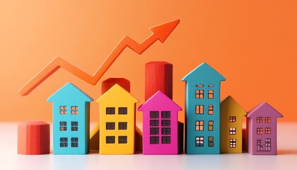 Fototapeta premium Vibrant real estate market growth concept with upward arrow and bar chart on a light background, representing rising property values and success