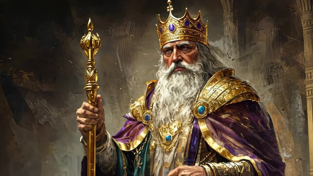 Solomon, Israel's wise king, holding his scepter in judgment. Renowned for his wisdom in the story of two mothers. Copy space for leadership and divine wisdom.