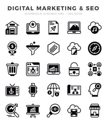 Simple Set of Digital Marketing & SEO Related Vector Lineal Filled Icons.