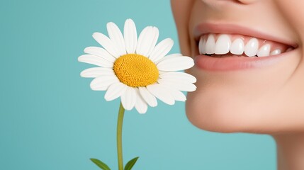 Bright smile of young caucasian female holding a daisy on a blue background