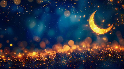 Crescent moon and sparkling glitter on dark blue background. Festive backdrop, magical night, and Ramadan celebration concept