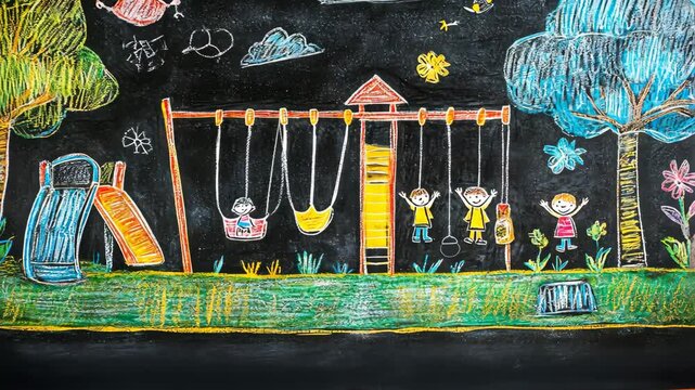 Chalk-drawn playground with slides, swings, and happy children, ideal for preschool branding or schoolyard design promotions.