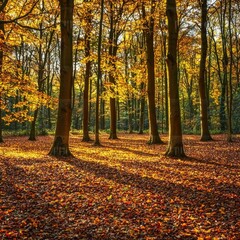 Fototapeta premium A tranquil autumn forest is bathed in golden sunlight, with trees displaying vibrant fall foliage, creating a serene and picturesque scene.