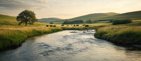 A calm, flowing river meanders through a lush green valley, with a lone tree and a herd of cattle grazing in the distance under a soft, cloudy sky.