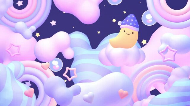 Looped cute moon in the rainbow sky animation.