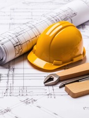 A yellow hard hat rests on architectural blueprints alongside a wrench and wooden tools, symbolizing construction and engineering work.