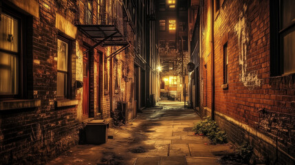 Fototapeta premium 夜に輝く赤レンガの路地裏｜温かな灯りと静寂の空間