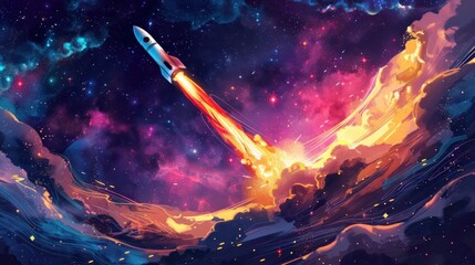 Dramatic rocket launch with fiery engines igniting against a backdrop of a vibrant colorful nebula galaxy filled with stars and cosmic clouds  This surreal