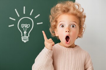 Curious caucasian child with idea concept on chalkboard background