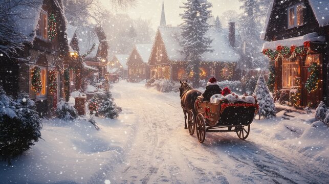 Horse-Drawn Sleigh in a Winter Village A festive picture