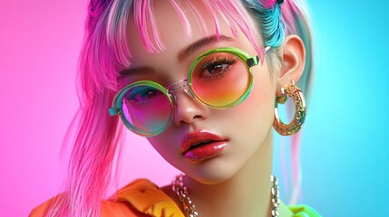 Fototapeta premium Realistic 3d cartoon style rendering, girl, summer trend fashion clothing, candycolor clothes, new pop portrait, fashion illustration, vibrant colors, 