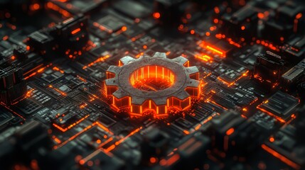 Futuristic Circuit Board with Glowing Gear