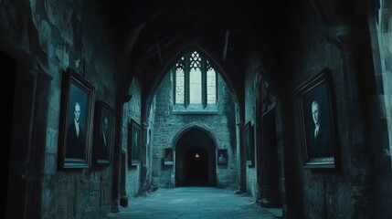 Fototapeta premium Gloomy Gothic Hallway in an Ancient Castle or Manor