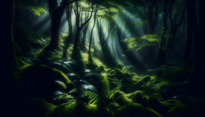 Naklejka premium Nature Shadows play on forest leaves as light rain falls gently through the canopy2