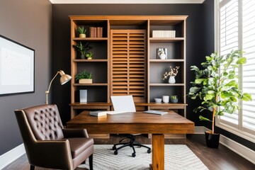 Fototapeta premium Cozy office featuring natural dark wood shutters, adding warmth and style to the workspace ambiance.