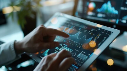 A close-up of a business analyst using a tablet to manipulate complex financial charts, with a high-tech office environment in the background